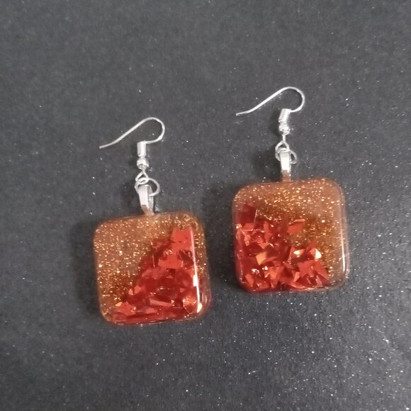 Fall Autumn colored square dangle earrings new handmade resin with silver hooks - Picture 3 of 4
